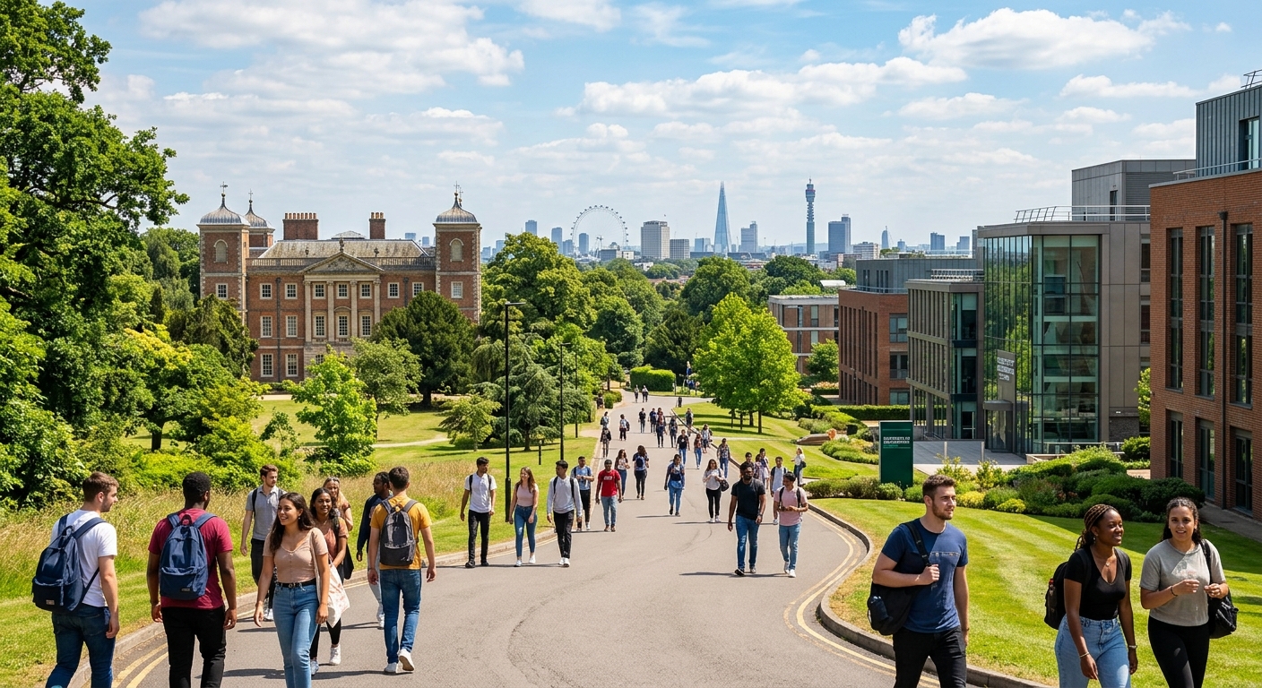 University of Roehampton London campus with historic parkland grounds, modern academic buildings, students walking along tree-lined paths, southwest London skyline in the background, sunny day