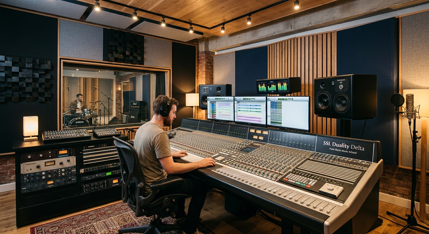 Point Blank Music School professional recording studio interior, SSL Duality Delta mixing console, acoustic treatment panels, studio monitors, warm ambient lighting, modern industrial design