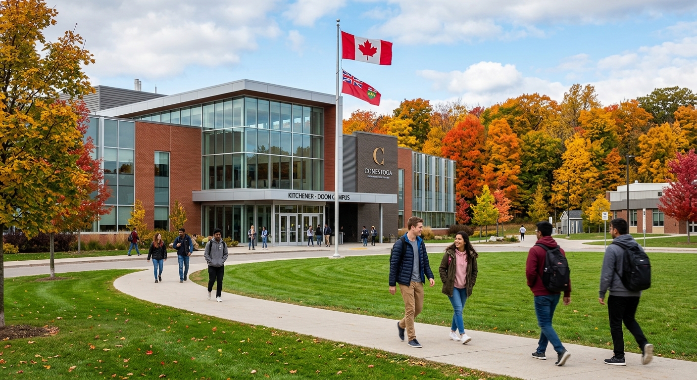 Modern college campus building at Conestoga College Kitchener Doon campus, students walking along pathways with green lawns, Canadian flag visible, autumn trees in background