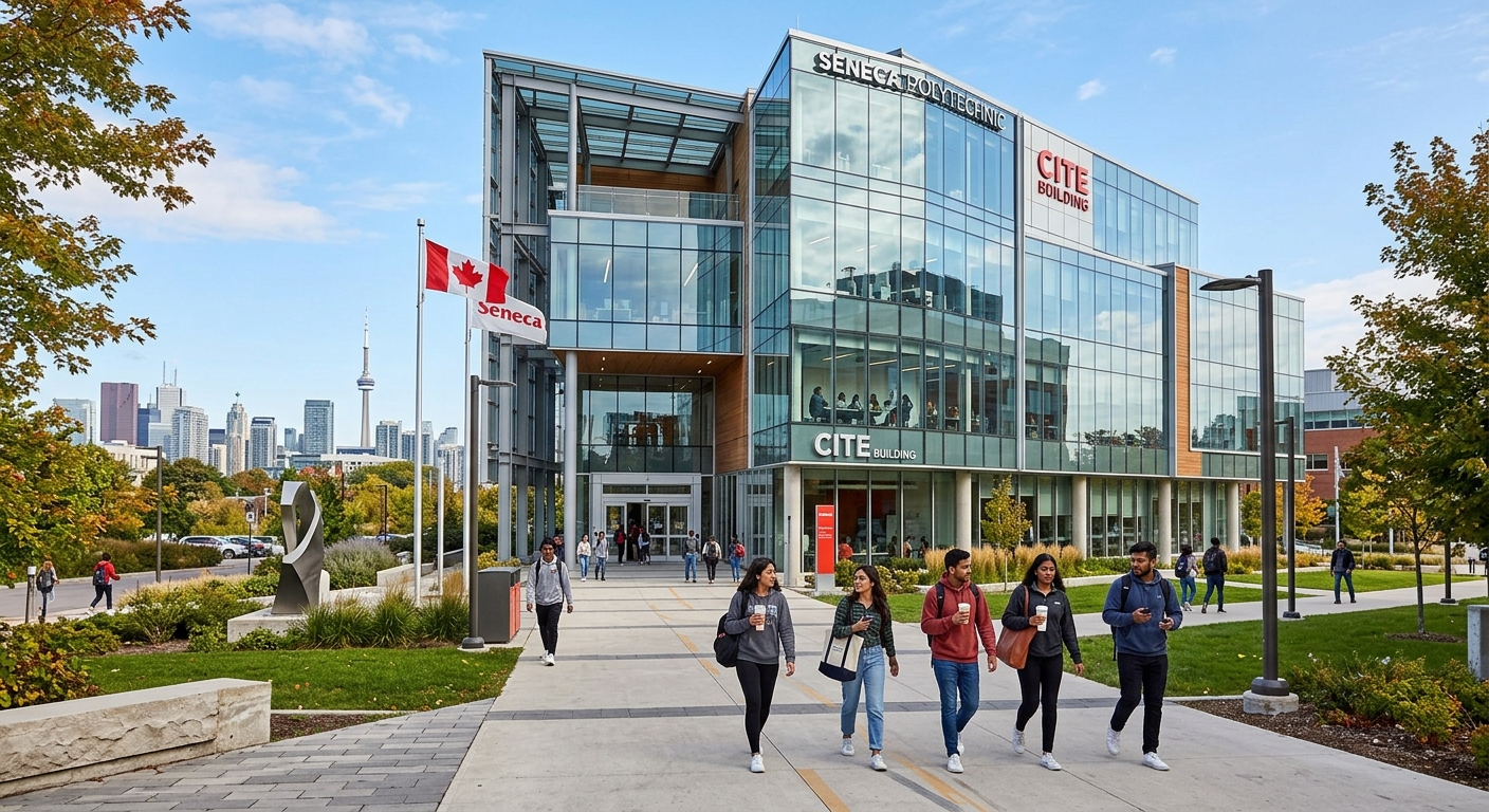 Modern Seneca Polytechnic campus building in Toronto with glass facade, students walking on pathways carrying backpacks, Canadian flag visible, green landscaping and urban skyline in background