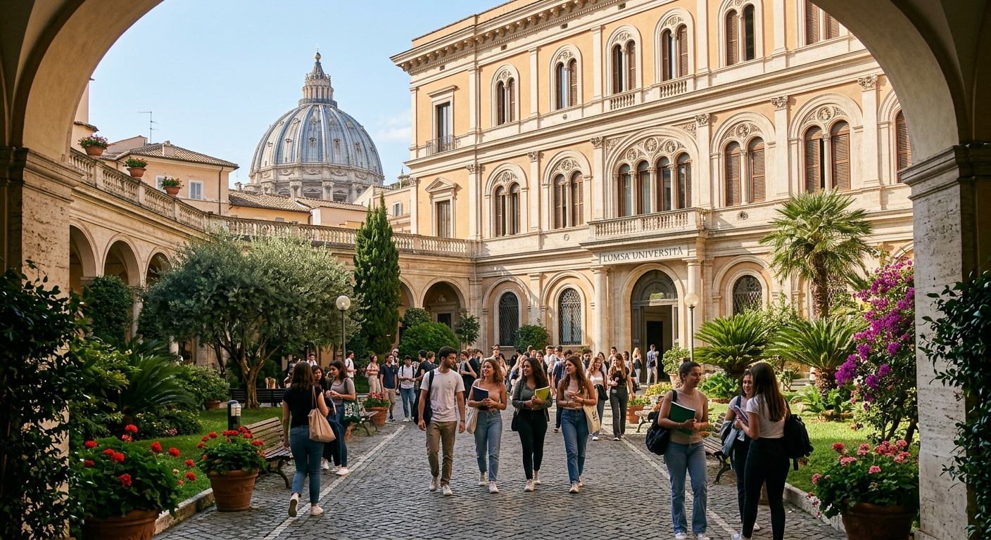 Historic LUMSA University campus building in central Rome near the Vatican, elegant Italian architecture with arched windows, students walking through a sunlit courtyard with Mediterranean greenery