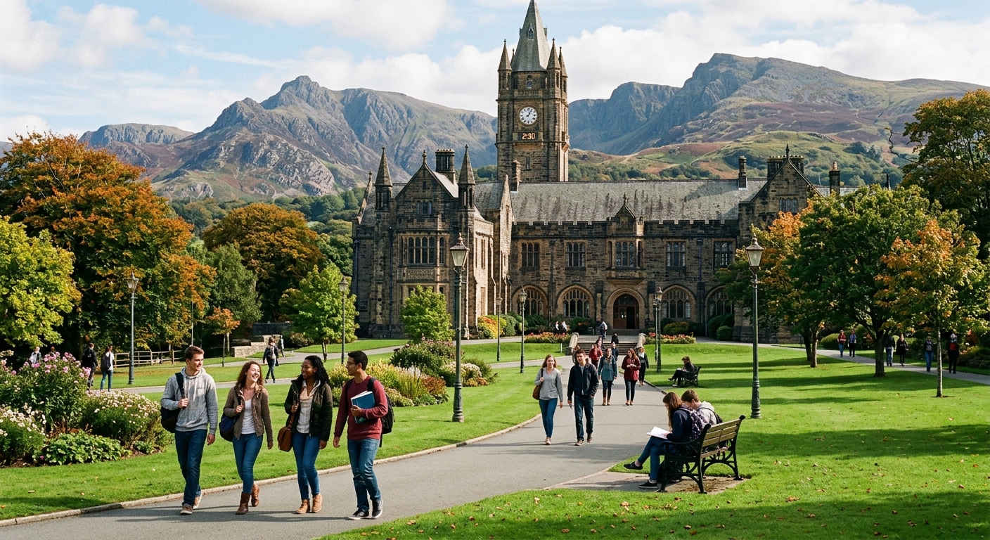 Bangor University historic main building with clock tower set against the backdrop of Snowdonia mountains, green campus grounds with students walking along pathways in North Wales