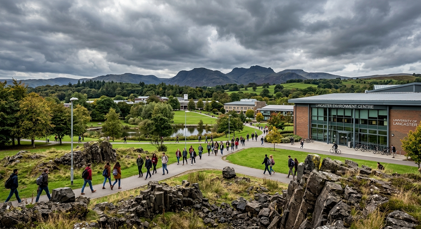 Lancaster University campus with green parkland, Lake District mountains in background, students walking near Lancaster Environment Centre, overcast English sky with dramatic volcanic rock formations in foreground