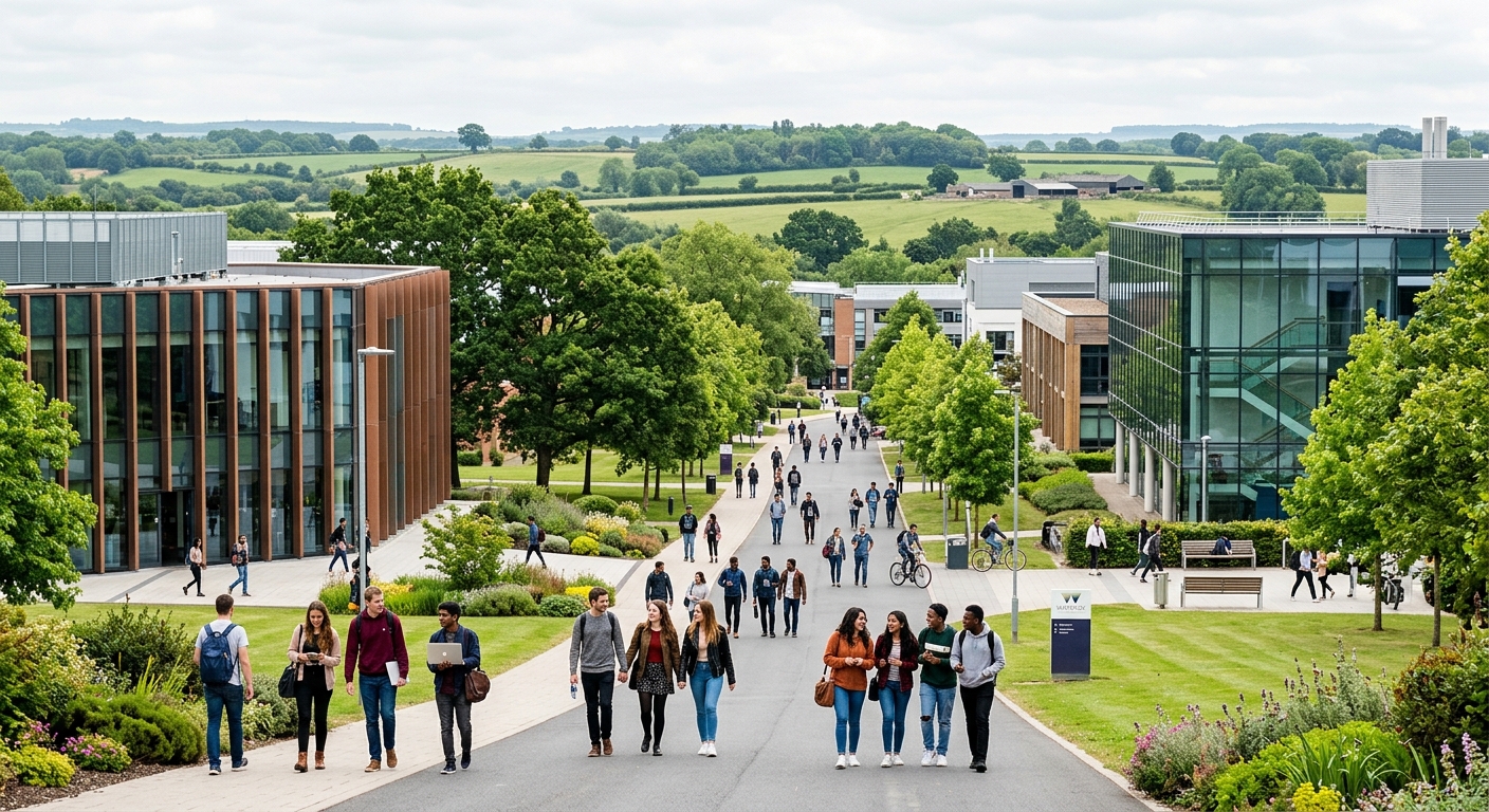 University of Warwick modern campus with green parkland, contemporary academic buildings, students walking along tree-lined pathways, bright overcast English sky, Coventry countryside in the background