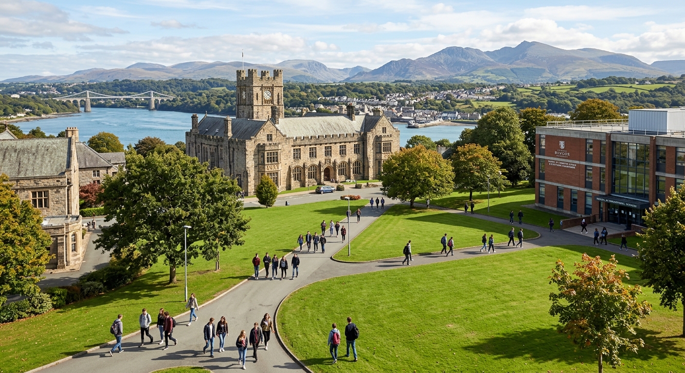 Bangor University campus with historic stone buildings set against the backdrop of Snowdonia mountains and the Menai Strait, students walking across green lawns with science laboratory building visible