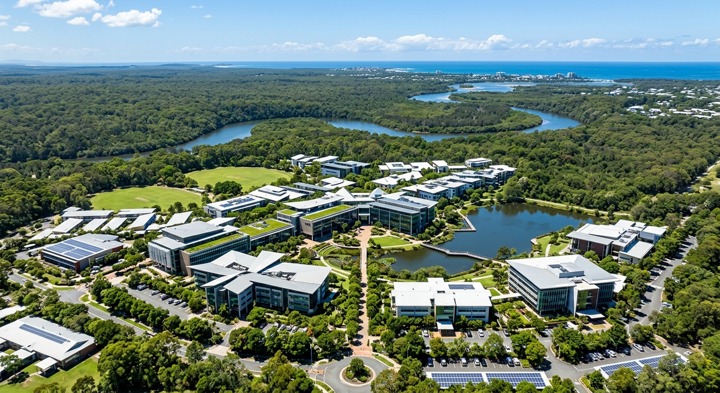Aerial view of University of the Sunshine Coast Sippy Downs campus, modern sustainable buildings surrounded by lush subtropical flora and fauna reserve, Mooloolah River National Park in background, bright Queensland sunshine