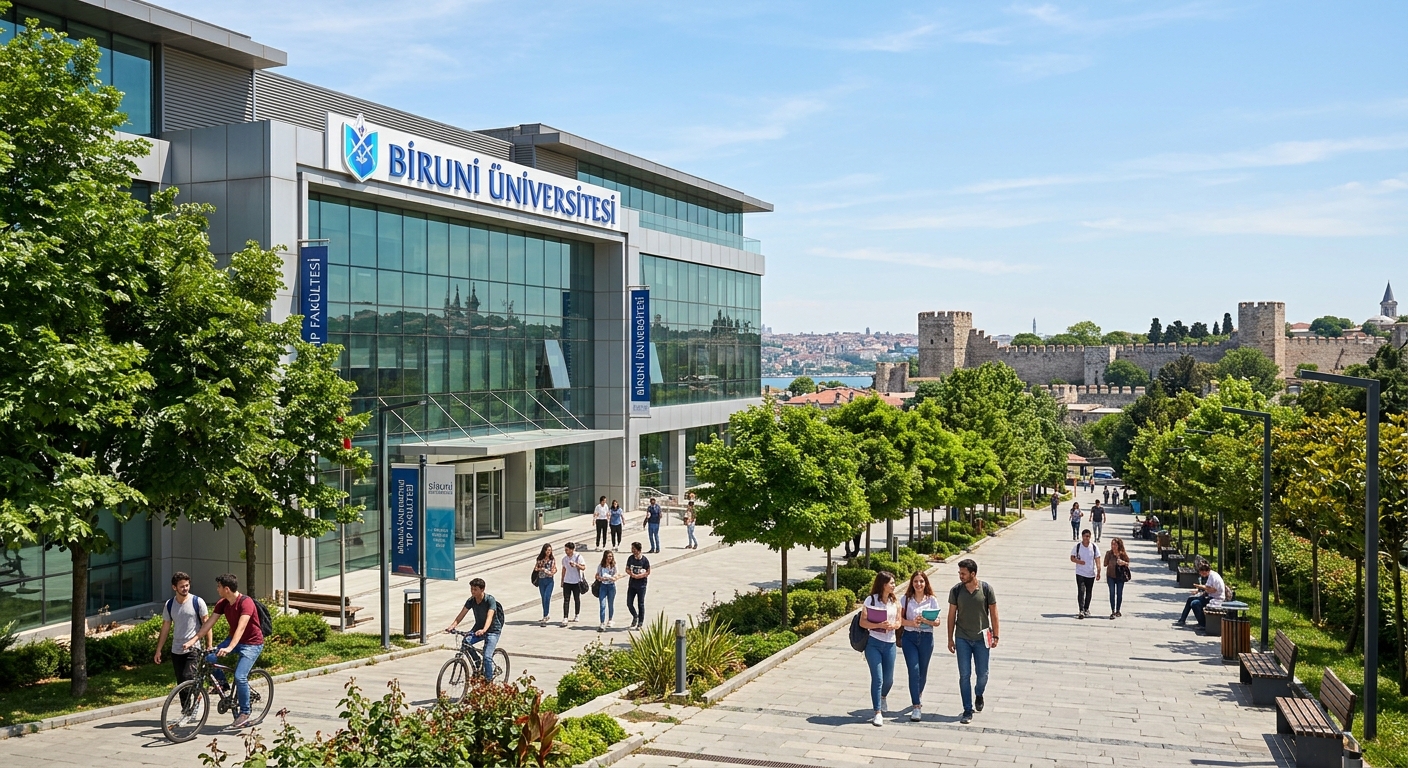 Biruni University modern campus building exterior with glass facade, students walking along tree-lined pathways, historic Topkapi walls visible in background, sunny day
