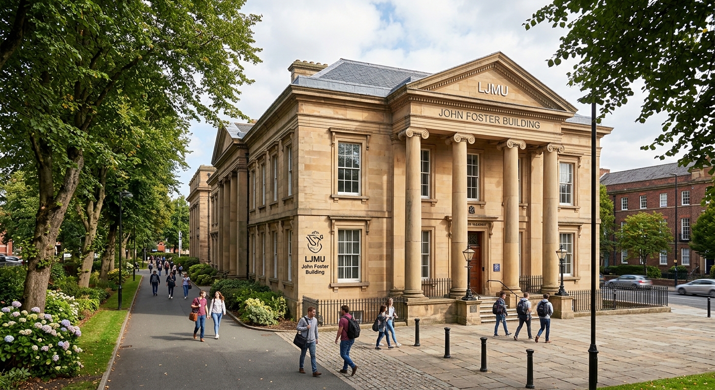 LJMU John Foster Building, historic Grade II listed Georgian architecture on Mount Pleasant Campus, sandstone facade with classical columns, tree-lined path