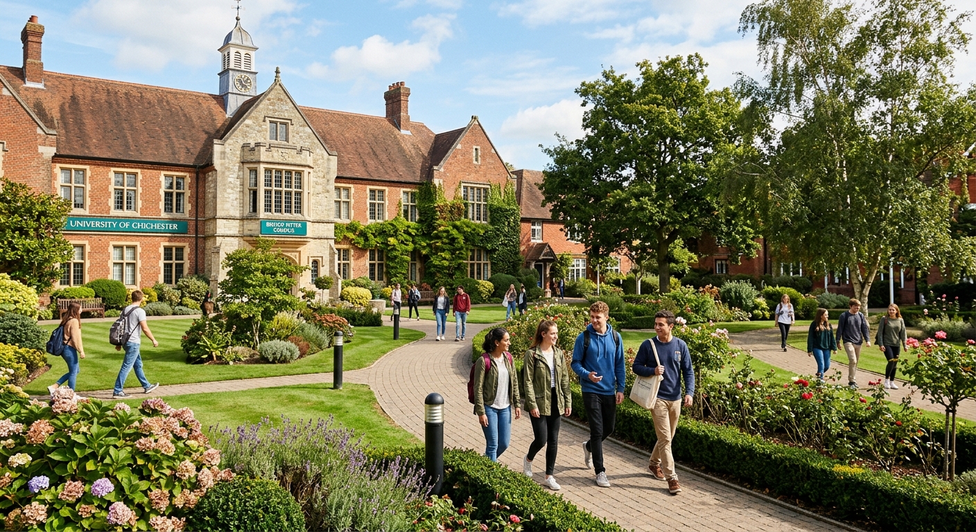 University of Chichester Bishop Otter Campus with historic buildings and beautifully tended gardens, students walking along pathways in West Sussex, England