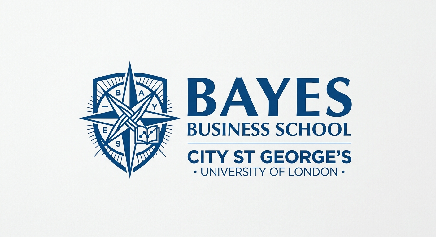 Bayes Business School official logo, part of City St George's University of London, blue and white color scheme with modern typography