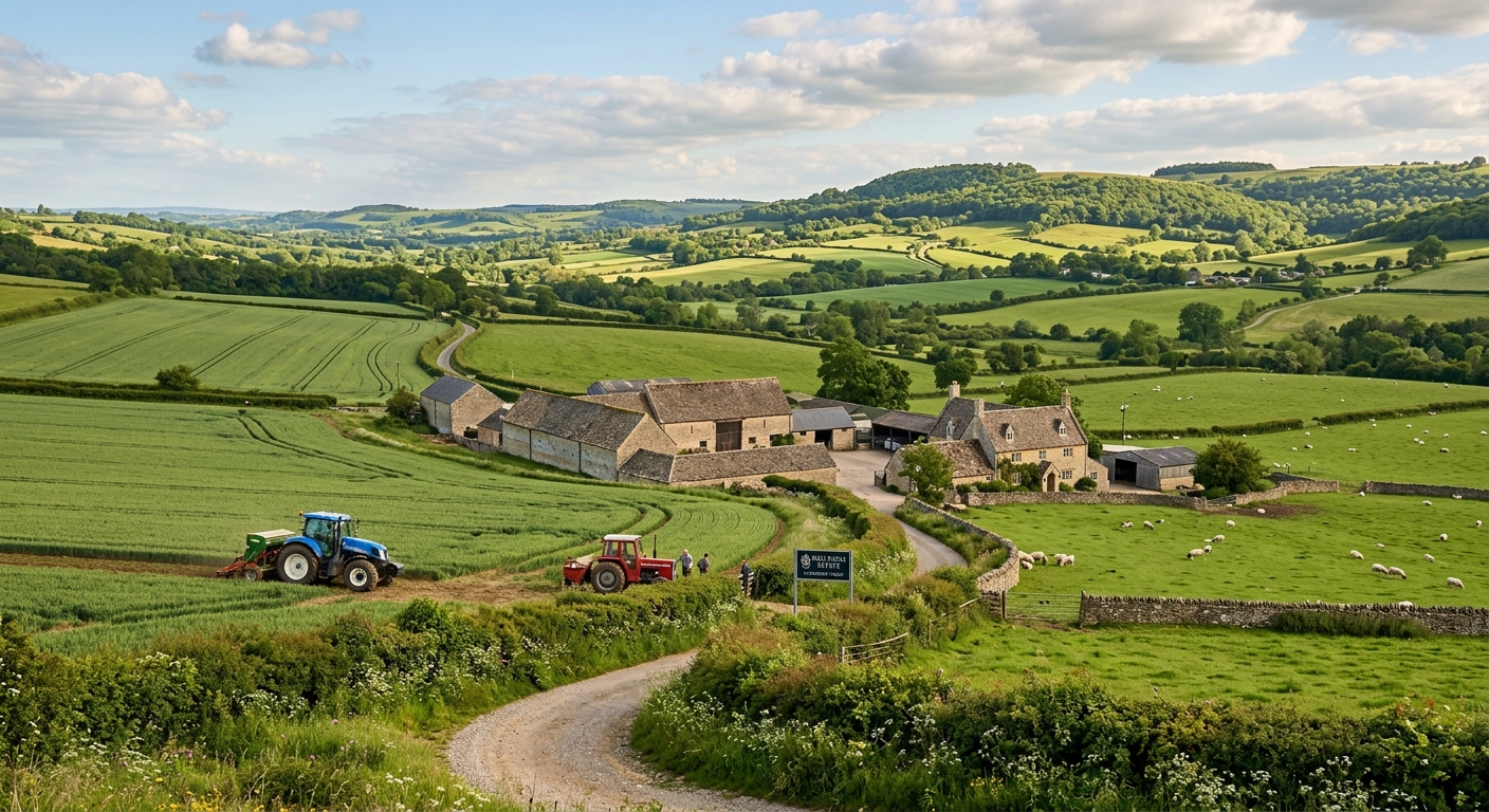 RAU farm estate with rolling green fields, crops, tractors, and Cotswolds hills in the background, pastoral English countryside scene