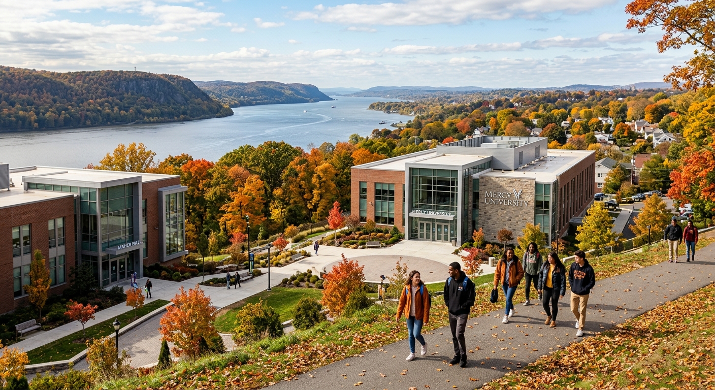 Mercy University campus in Dobbs Ferry overlooking the Hudson River, modern academic buildings surrounded by trees, students walking on pathways with autumn foliage, New York suburban setting