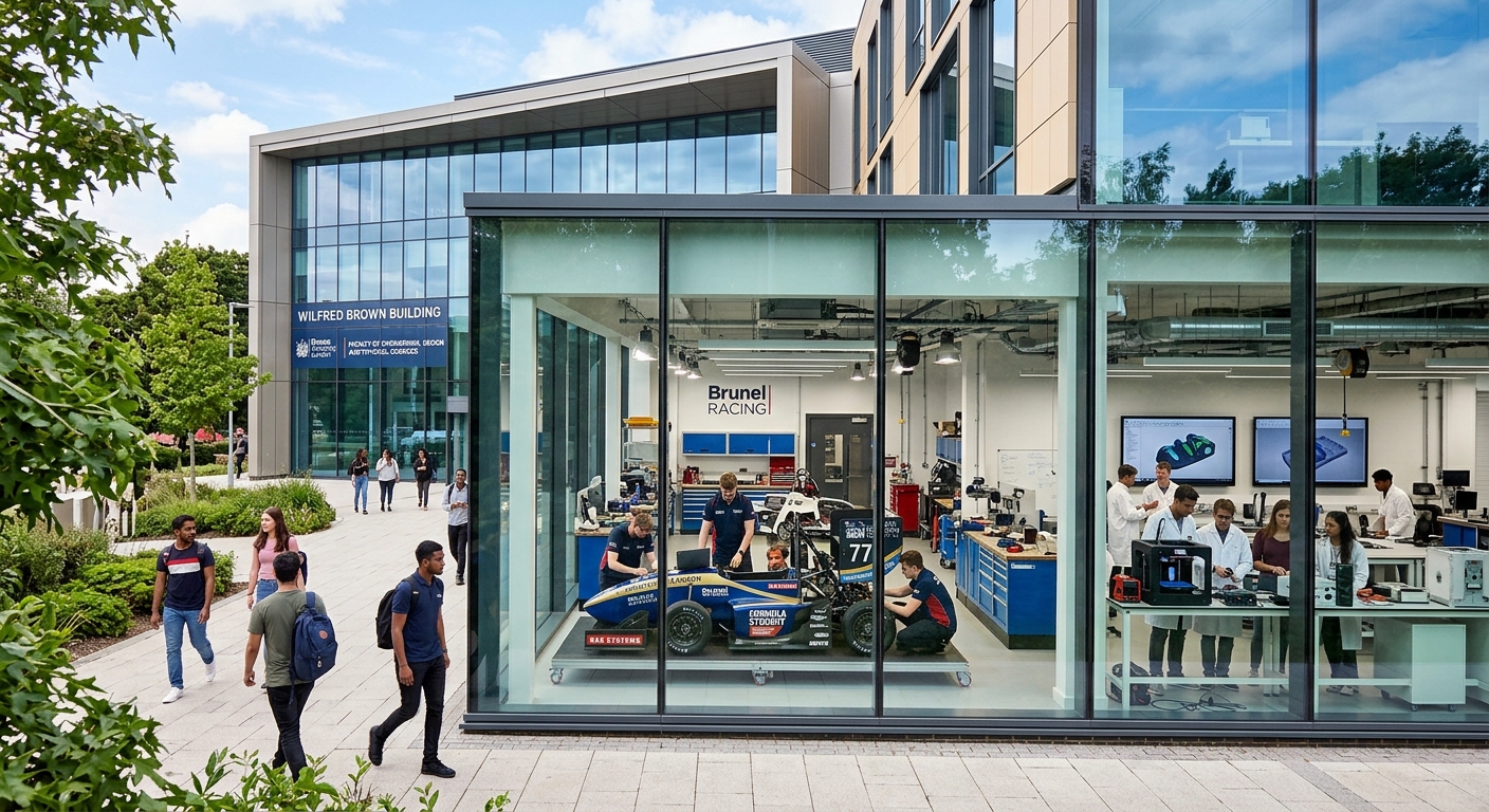 Brunel University London campus with modern engineering building, motorsport workshop visible through glass walls, racing car prototype on display, students working in high-tech lab environment, green campus grounds in Uxbridge London