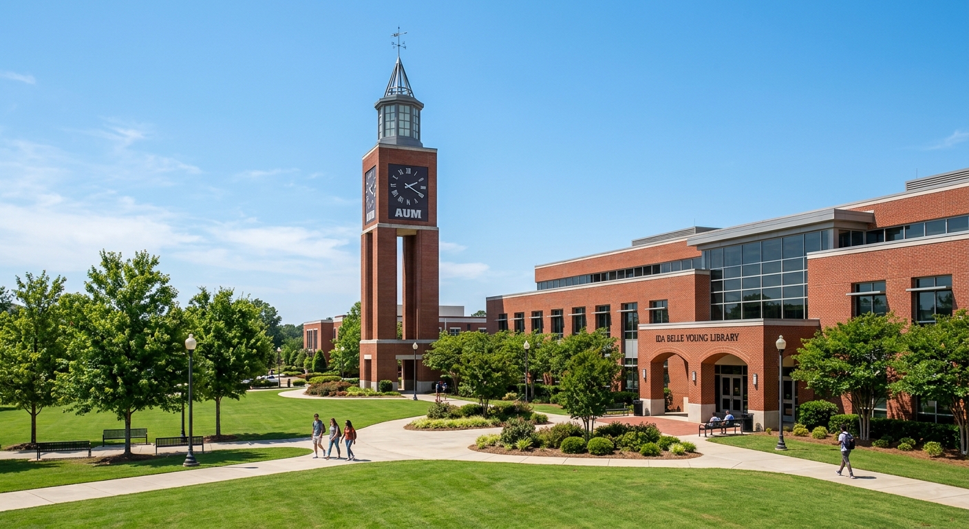 Ida Belle Young Library tower at Auburn University at Montgomery, modern brick building with distinctive clock tower, surrounded by green lawns and walkways, clear blue sky