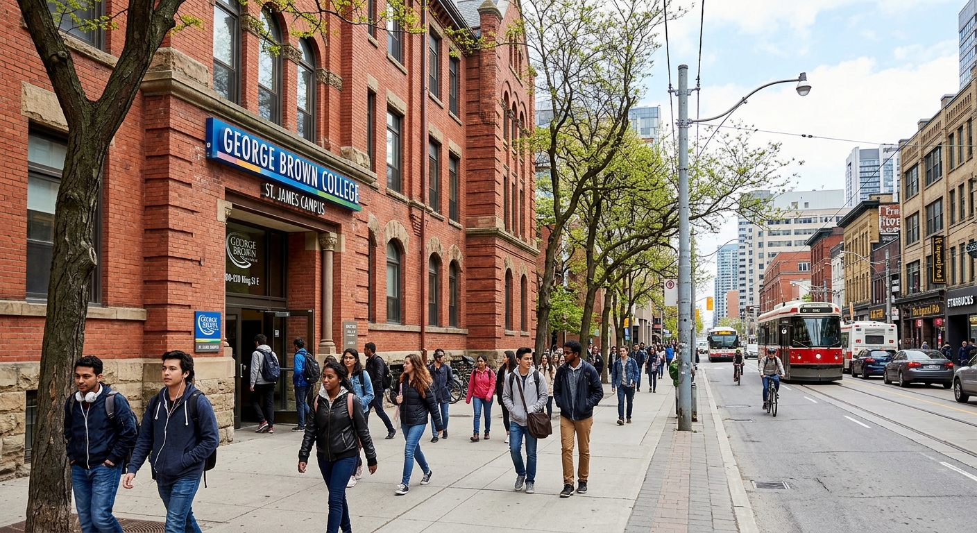 George Brown College St. James Campus, historic red brick building on King Street East, downtown Toronto, students walking on sidewalk, urban streetscape with trees
