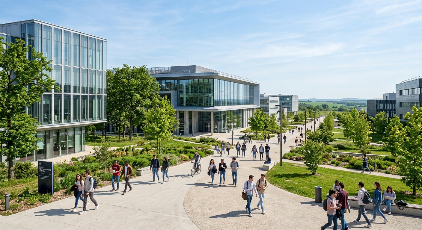 Modern campus of Institut Polytechnique de Paris on the Plateau de Saclay near Paris, featuring contemporary academic buildings, green spaces, and students walking between lecture halls under clear skies