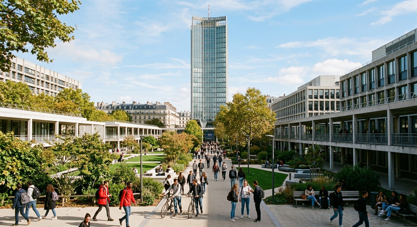 The modern Jussieu campus with the Zamansky Tower rising above contemporary university buildings, green courtyards, and students walking along tree-lined pathways in the 5th arrondissement of Paris