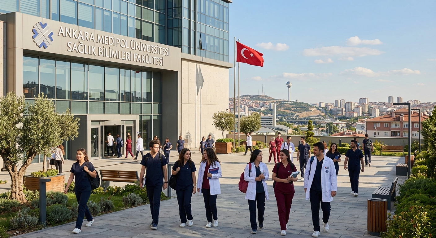 Modern health sciences faculty building at Ankara Medipol University with students in clinical uniforms walking through a sunlit campus courtyard, Turkish flag visible, Ankara cityscape in the background