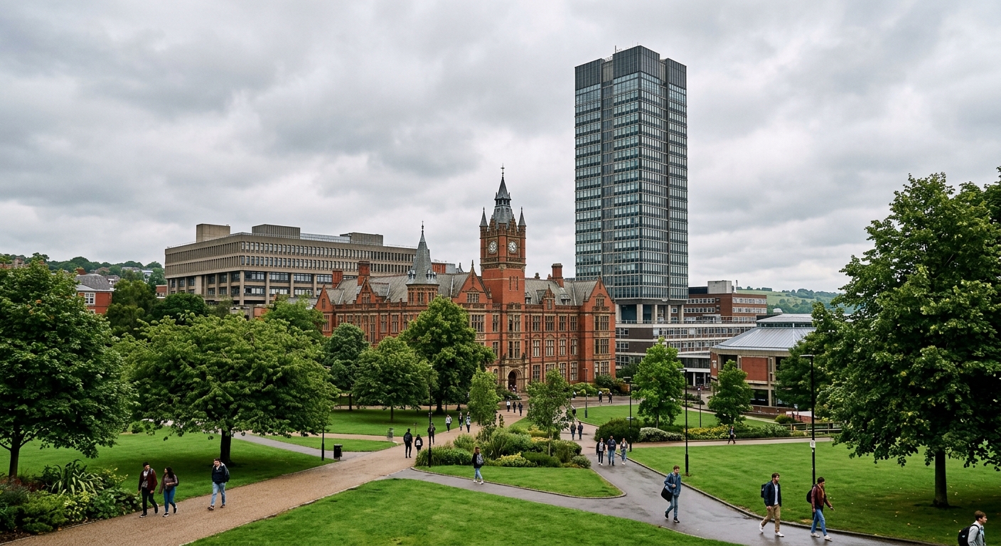University of Sheffield campus wide shot showing Firth Court historic red brick building with Western Bank Library and the iconic Arts Tower in the background, green lawns and trees in foreground, overcast English sky