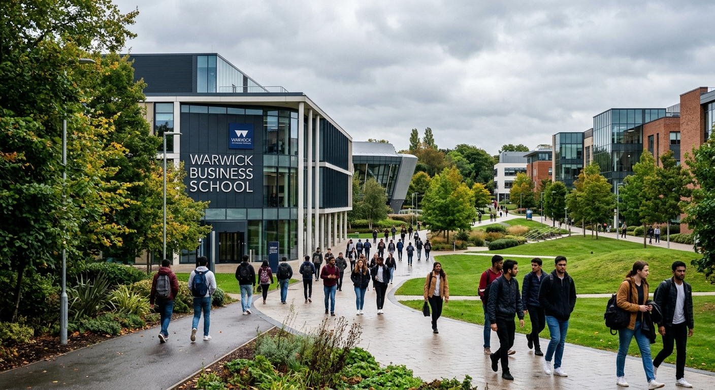 University of Warwick modern campus with contemporary architecture, green parkland, students walking between buildings, Warwick Business School signage visible, overcast English sky