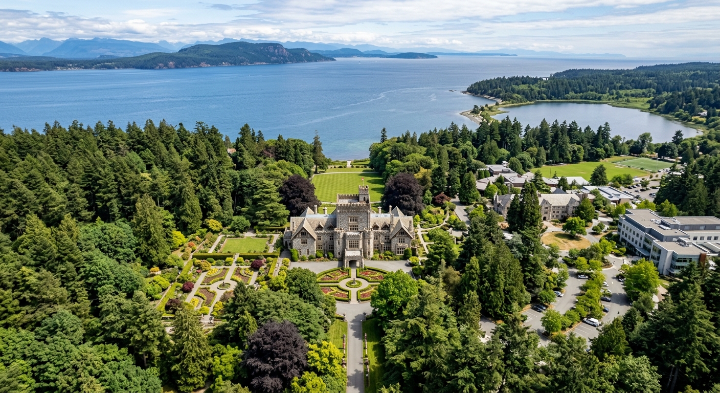Aerial view of Hatley Castle and Royal Roads University campus surrounded by lush green forests and gardens on Vancouver Island, British Columbia, Canada, with Pacific Ocean in the background