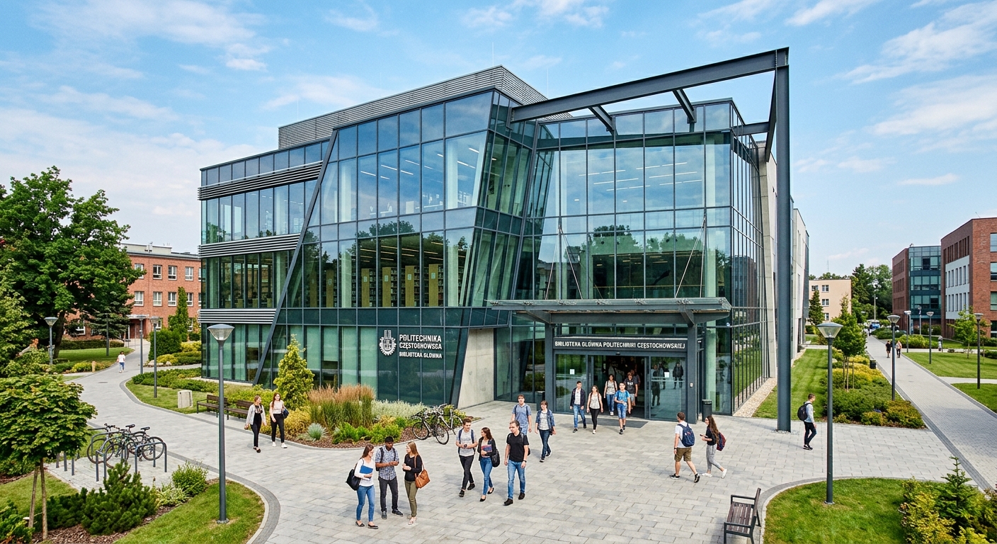 Modern main library building of Częstochowa University of Technology, contemporary glass and steel architecture, students entering through main doors, landscaped surroundings