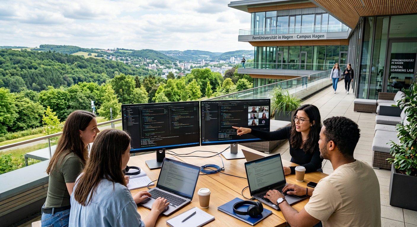 Modern distance learning university campus in Hagen Germany, digital study environment with computer screens showing code, students collaborating virtually, green North Rhine-Westphalia landscape in background