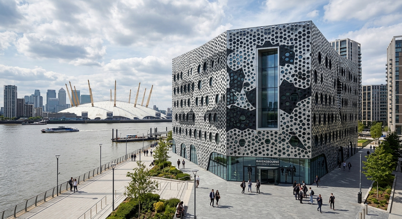 Ravensbourne University London main building exterior with geometric tessellated facade panels, modern architecture, Greenwich Peninsula waterfront, O2 Arena in background