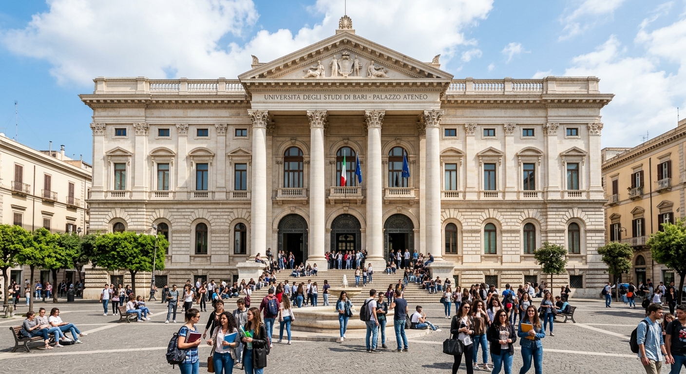 University of Bari main building Palazzo Ateneo, neoclassical architecture, grand entrance with columns, Piazza Umberto I, sunny day, students on steps