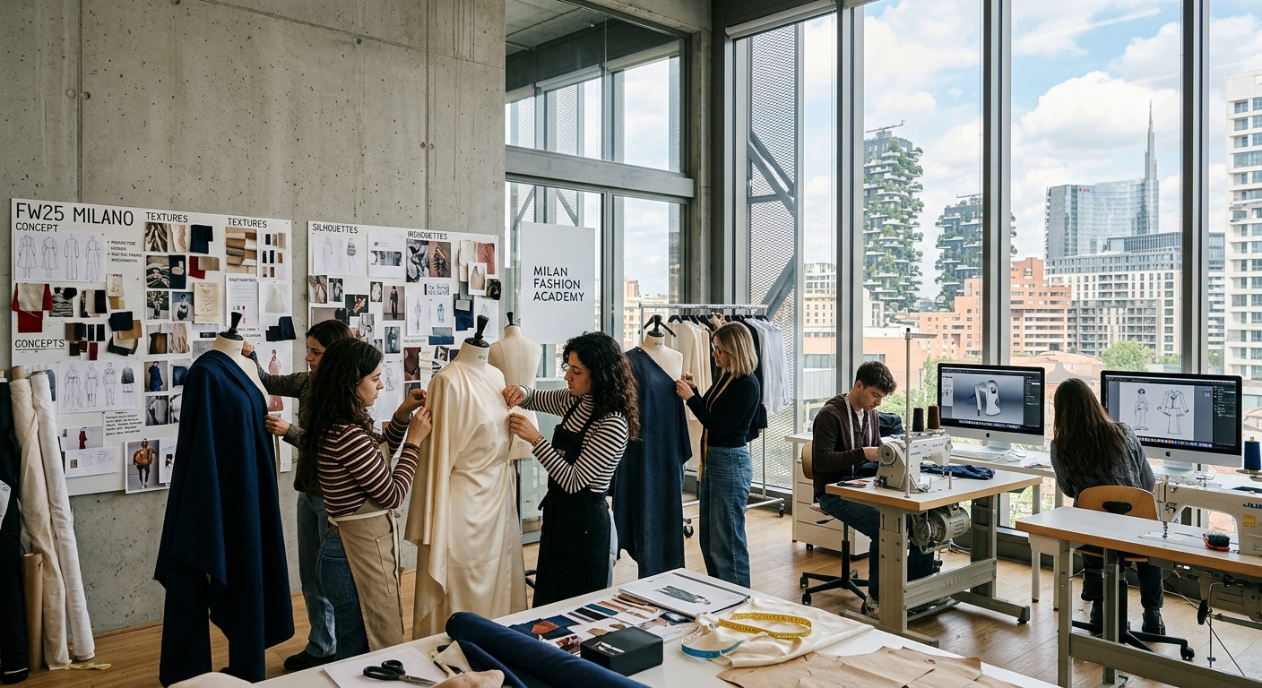 Modern fashion design studio in Milan with students draping fabric on mannequins, mood boards on walls, sewing machines and digital design screens, large windows with natural light and contemporary Italian architecture visible outside