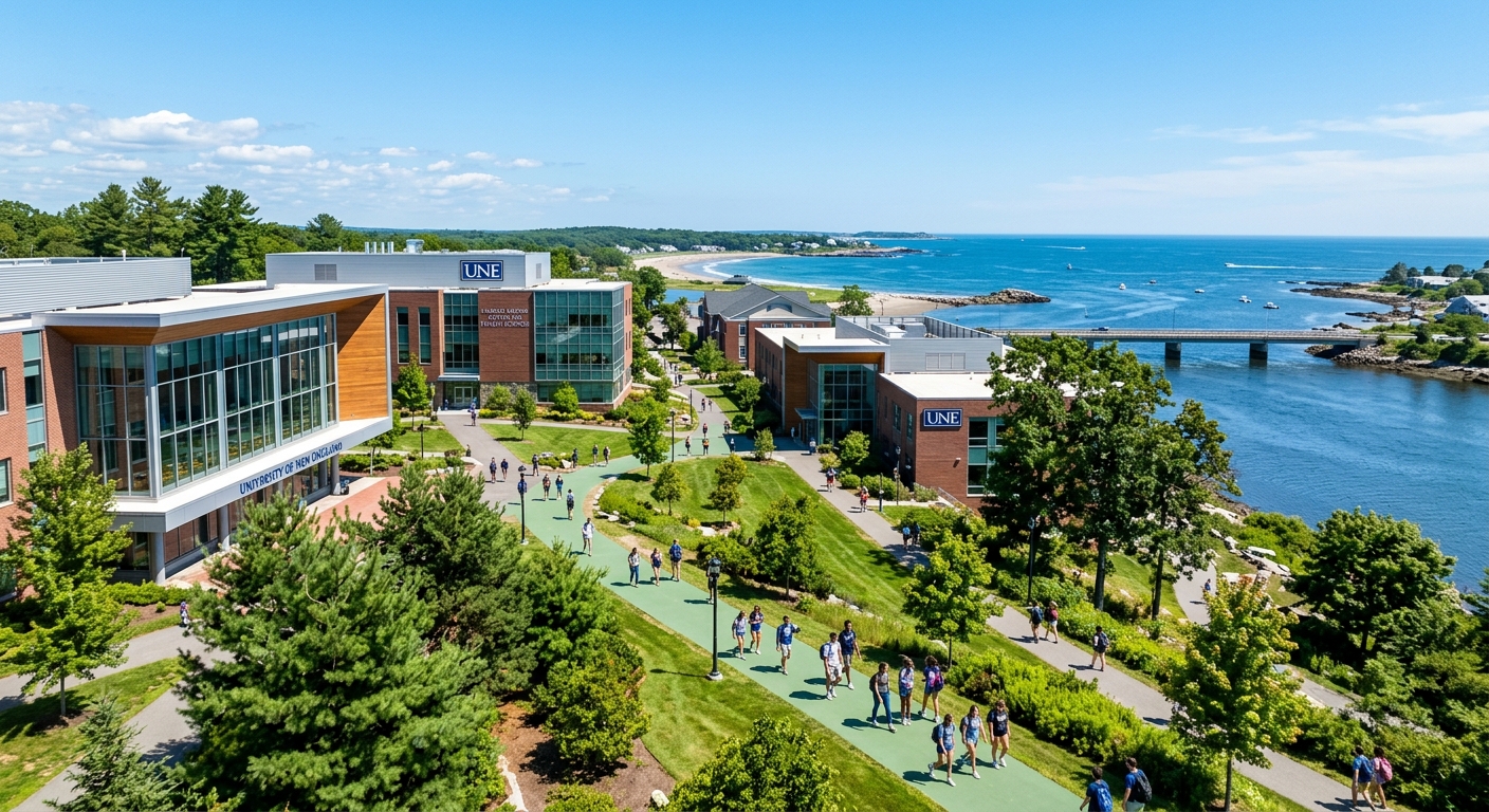 University of New England Biddeford campus with modern academic buildings overlooking the Saco River and Atlantic Ocean coastline, students walking on green pathways, bright sunny day in Maine