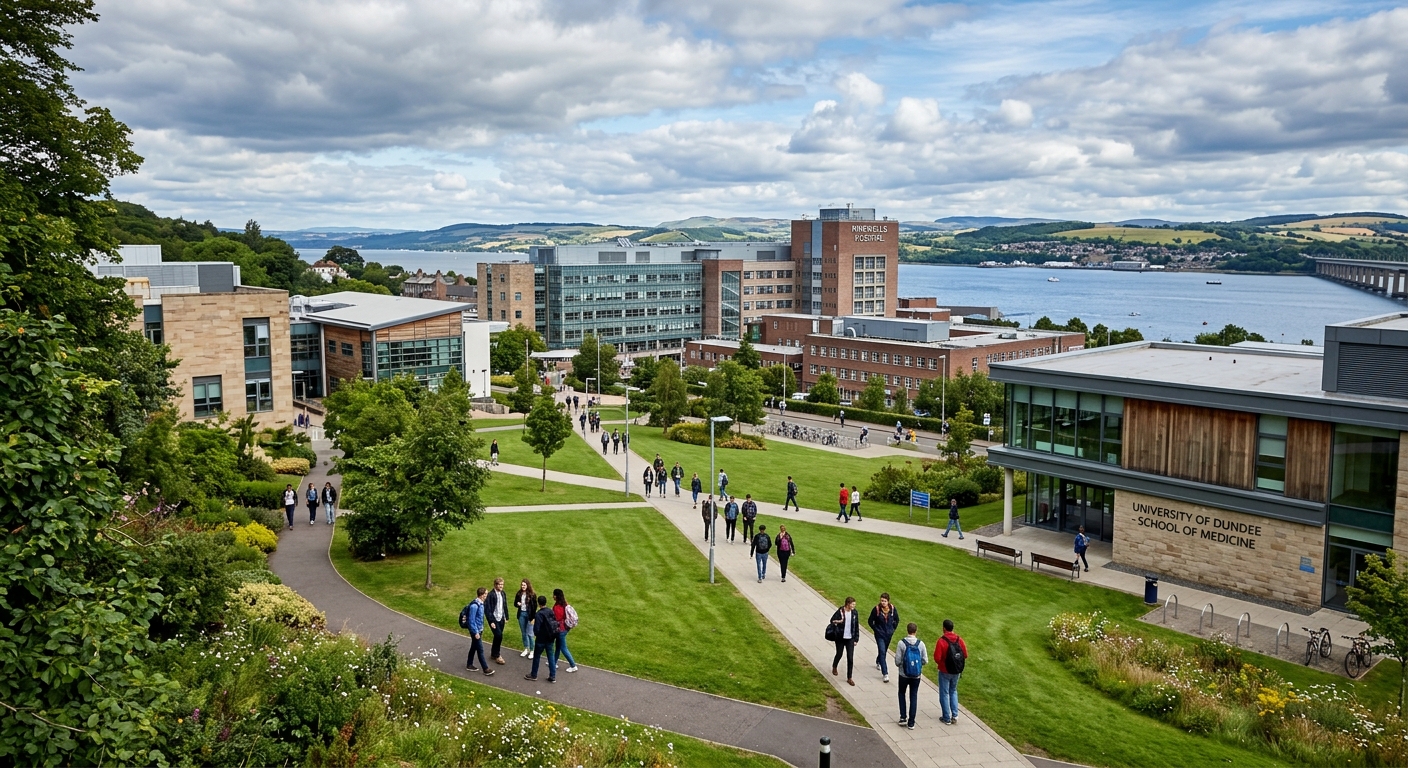 University of Dundee Ninewells Hospital campus with modern medical school buildings, green lawns, and students walking along pathways under a Scottish sky with the River Tay in the background
