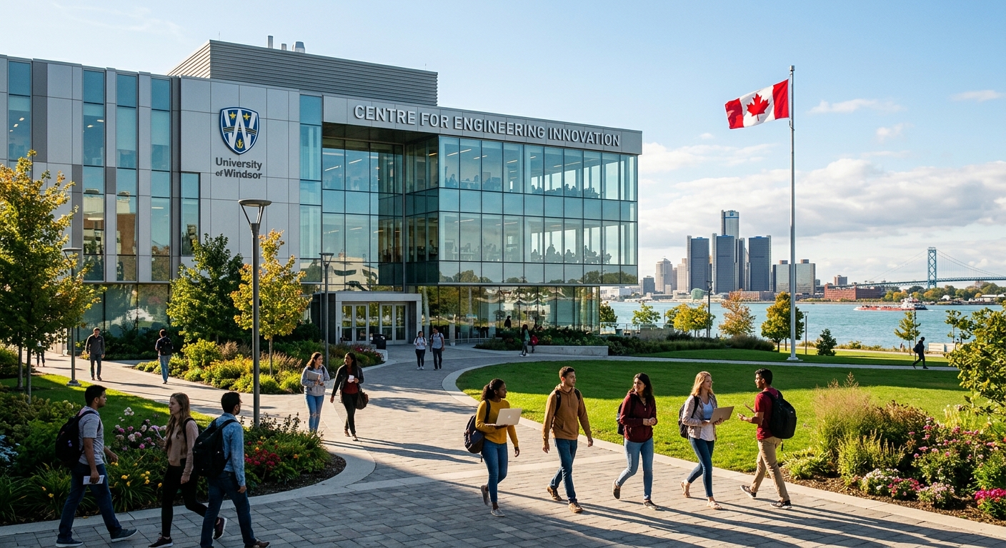 University of Windsor Centre for Engineering Innovation building exterior with modern glass facade, engineering students walking on campus pathways, Canadian flag visible, green landscaping with Detroit River in the background
