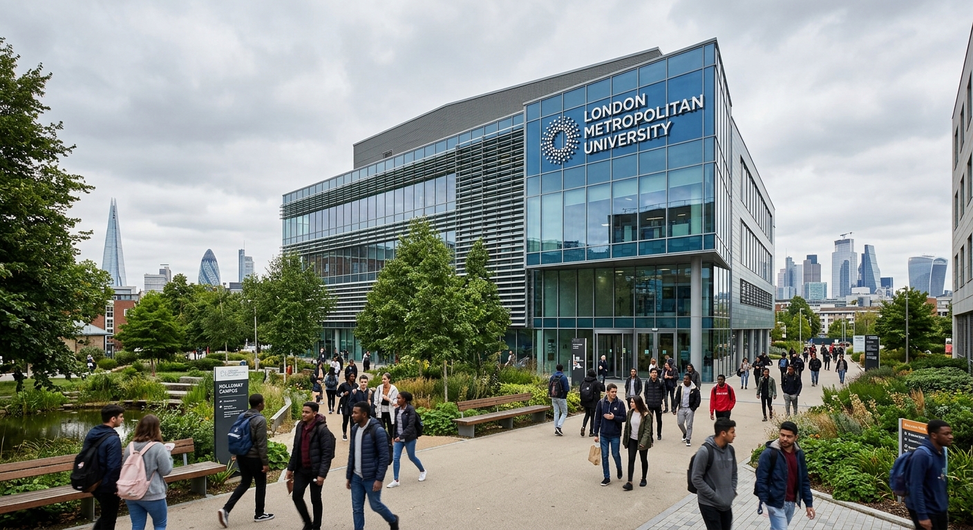 Modern London Metropolitan University Holloway campus building exterior with glass facade, students walking on pathways, green sustainable landscaping, London cityscape in background, overcast sky