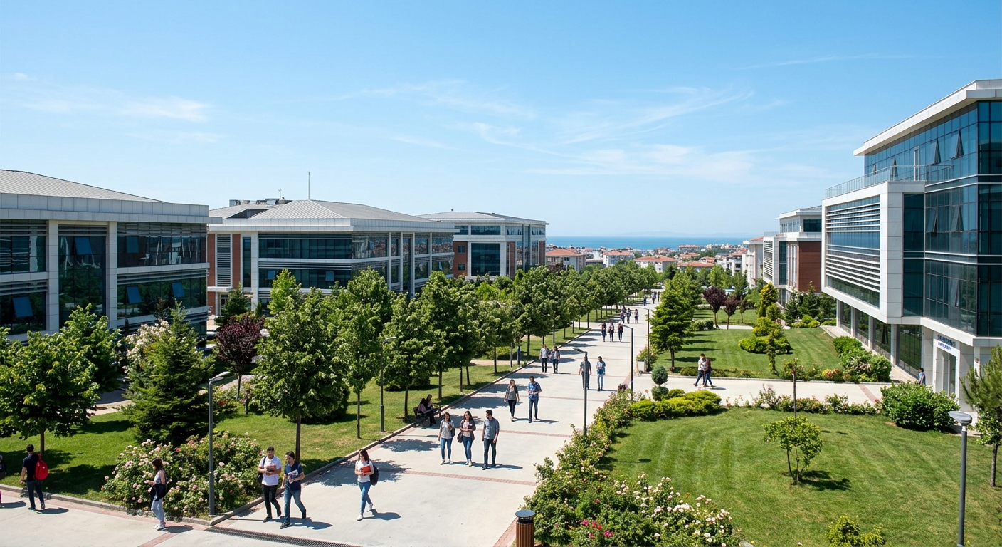 Istanbul Arel University campus in Büyükçekmece, Istanbul with modern academic buildings, green landscaped grounds, and students walking along tree-lined pathways under a clear blue sky