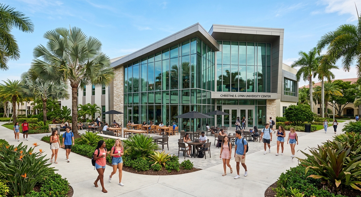 Christine E. Lynn University Center, modern student hub building with large glass windows, outdoor seating areas, tropical landscaping