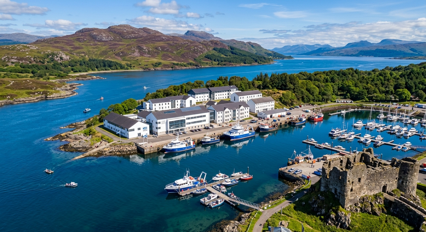 Scottish Association for Marine Science SAMS campus on Dunstaffnage Bay near Oban, white research buildings by the sea, boats in harbor, clear blue water