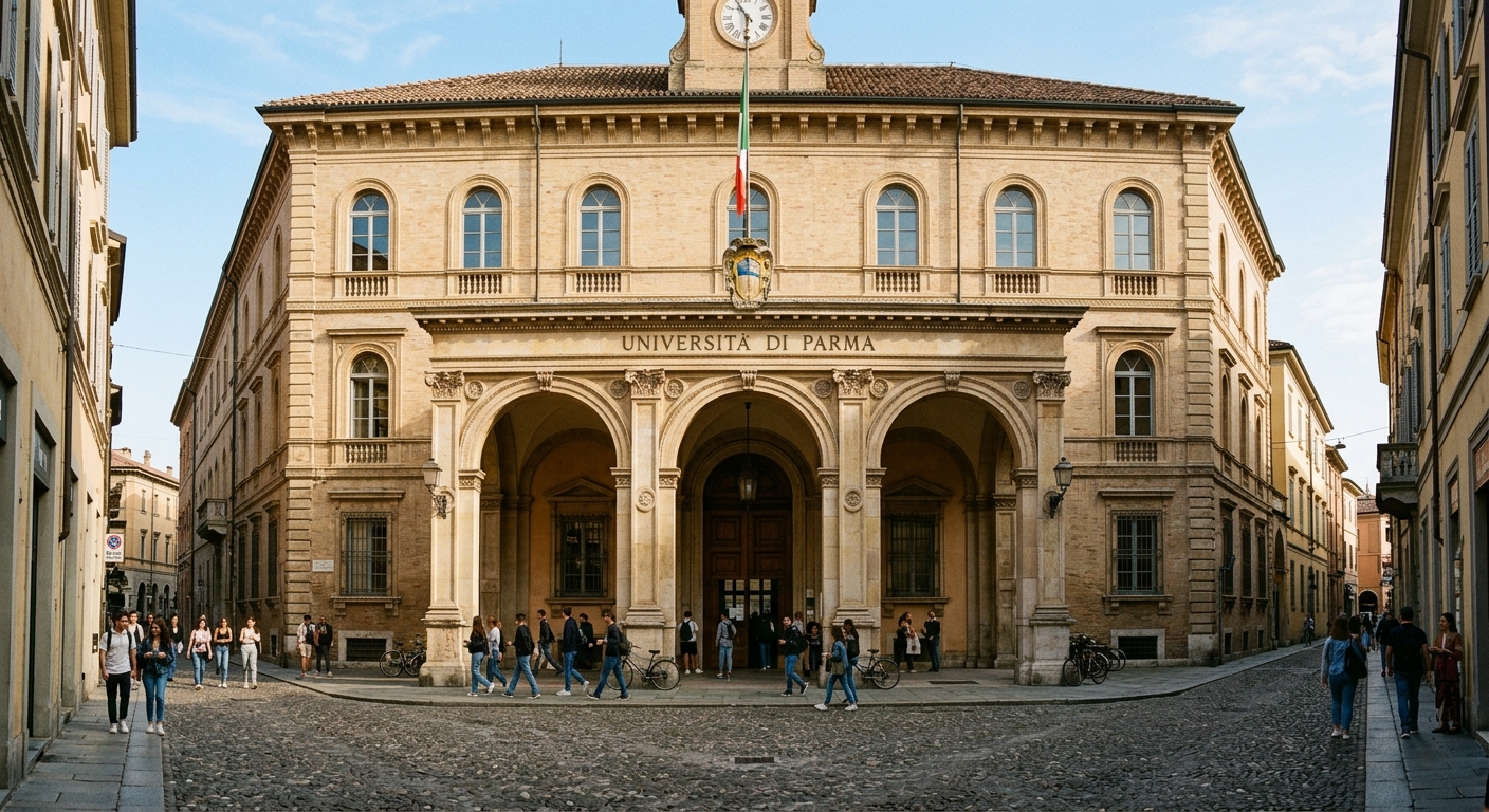 Historic University of Parma central building on Via dell'Università, elegant Italian Renaissance architecture, arched entrance, warm stone facade