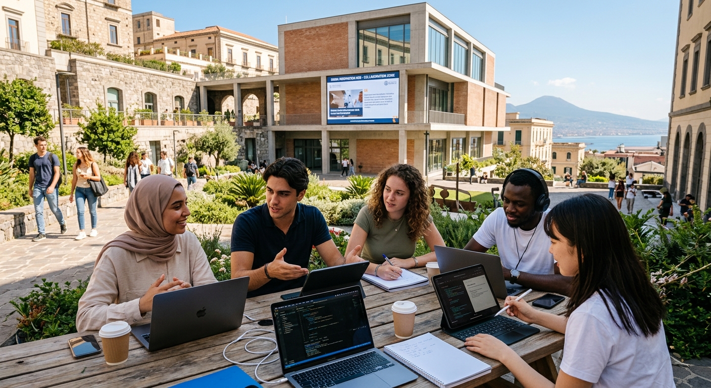 Modern university campus in Naples Italy with students collaborating around laptops and digital screens, Mediterranean architecture in the background, bright sunlight, diverse international student group engaged in discussion