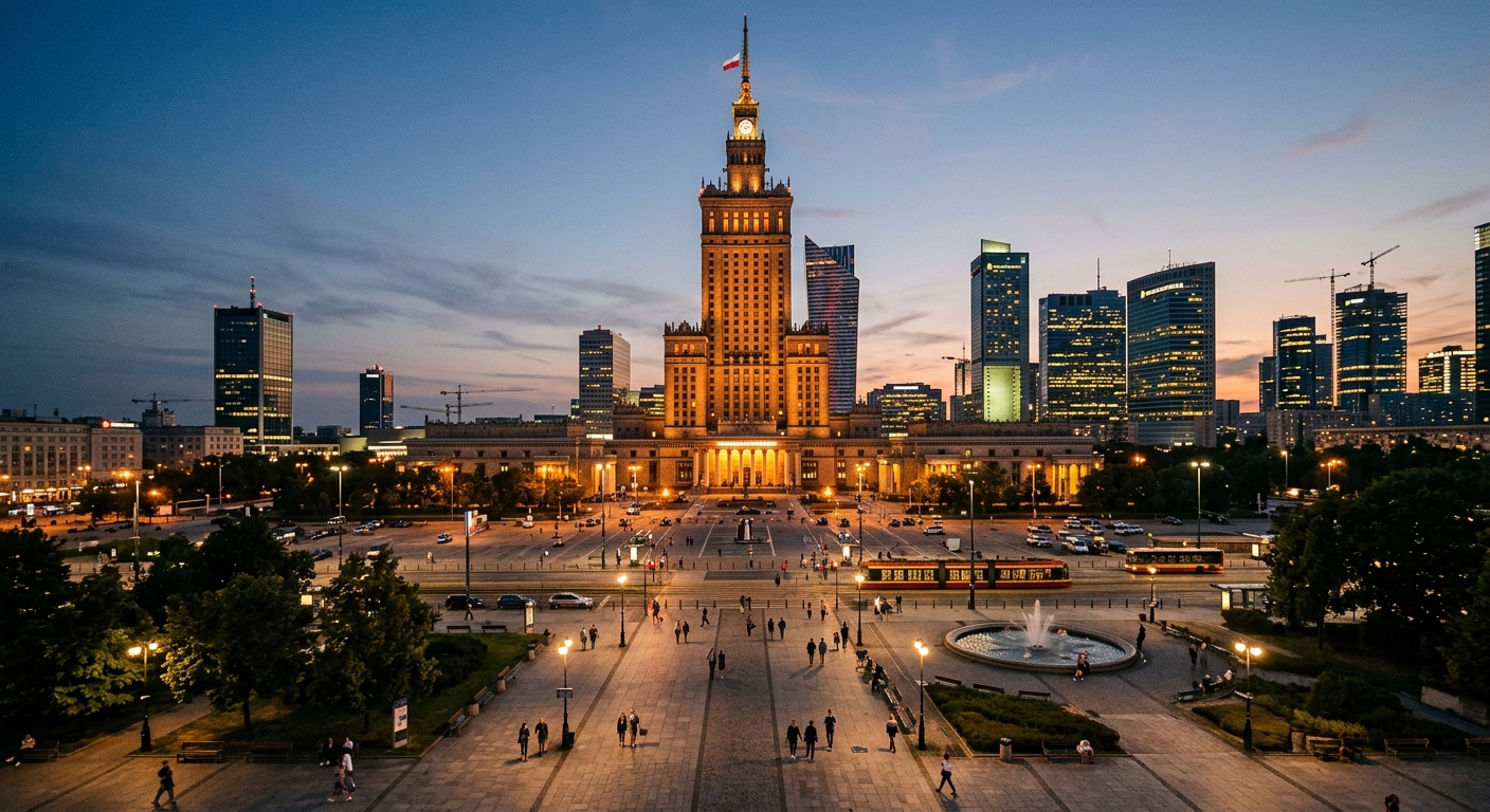 Exterior view of the Palace of Culture and Science Warsaw at dusk, illuminated Stalinist tower with modern city skyline in background, Defilad Square in foreground