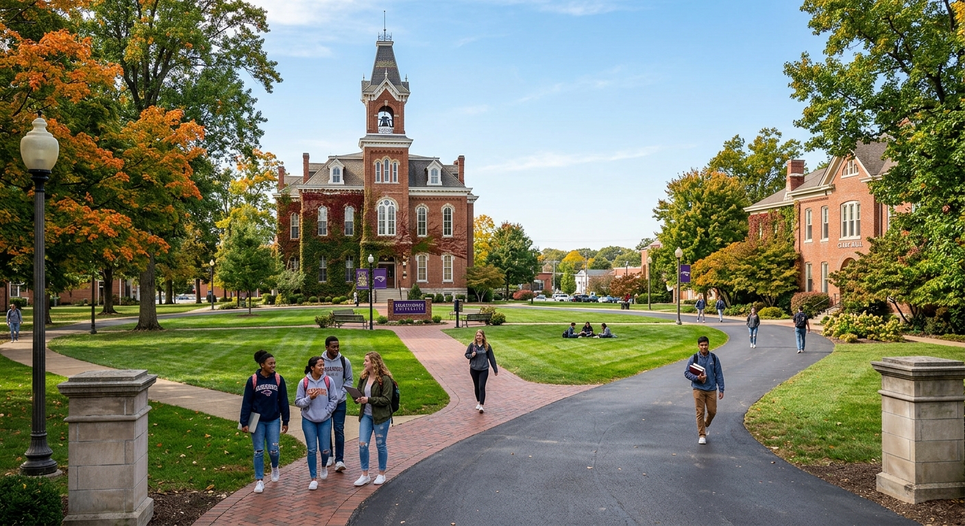 McKendree University campus in Lebanon Illinois with historic brick buildings, green lawns, tree-lined walkways, and students walking to class on a sunny day
