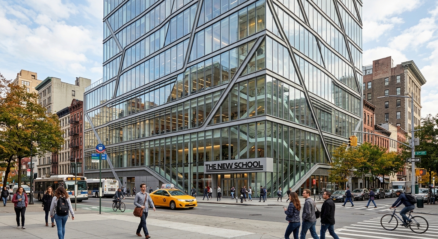The New School University Center modern glass building at 65 Fifth Avenue, 16-story contemporary architecture with large windows, pedestrians on sidewalk, Greenwich Village streetscape