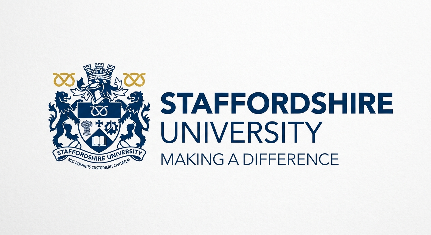 University of Staffordshire official logo, modern typographic design with university crest, blue and white color scheme