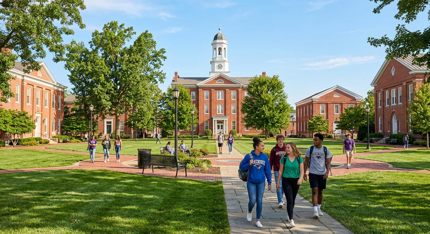 Historic McKendree University campus in Lebanon Illinois with red brick buildings, green lawns, mature trees, and students walking along pathways on a sunny day