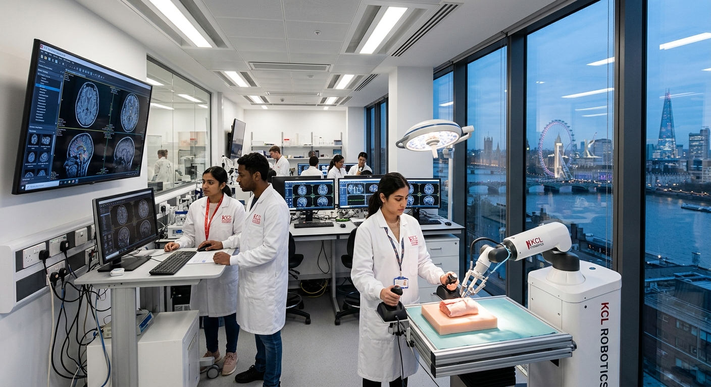 Modern biomedical engineering laboratory at King's College London with students working on medical imaging equipment and surgical robotics, large monitors displaying brain scans, bright clinical lighting, London skyline visible through windows