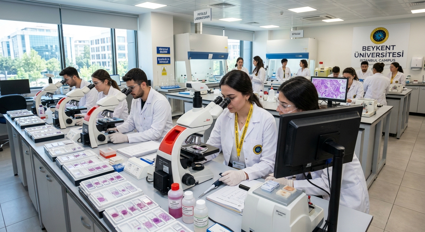 Modern pathology laboratory at Beykent University Istanbul campus, students in white lab coats working with microscopes, tissue samples, and histology equipment, bright clinical lighting, Turkish university setting