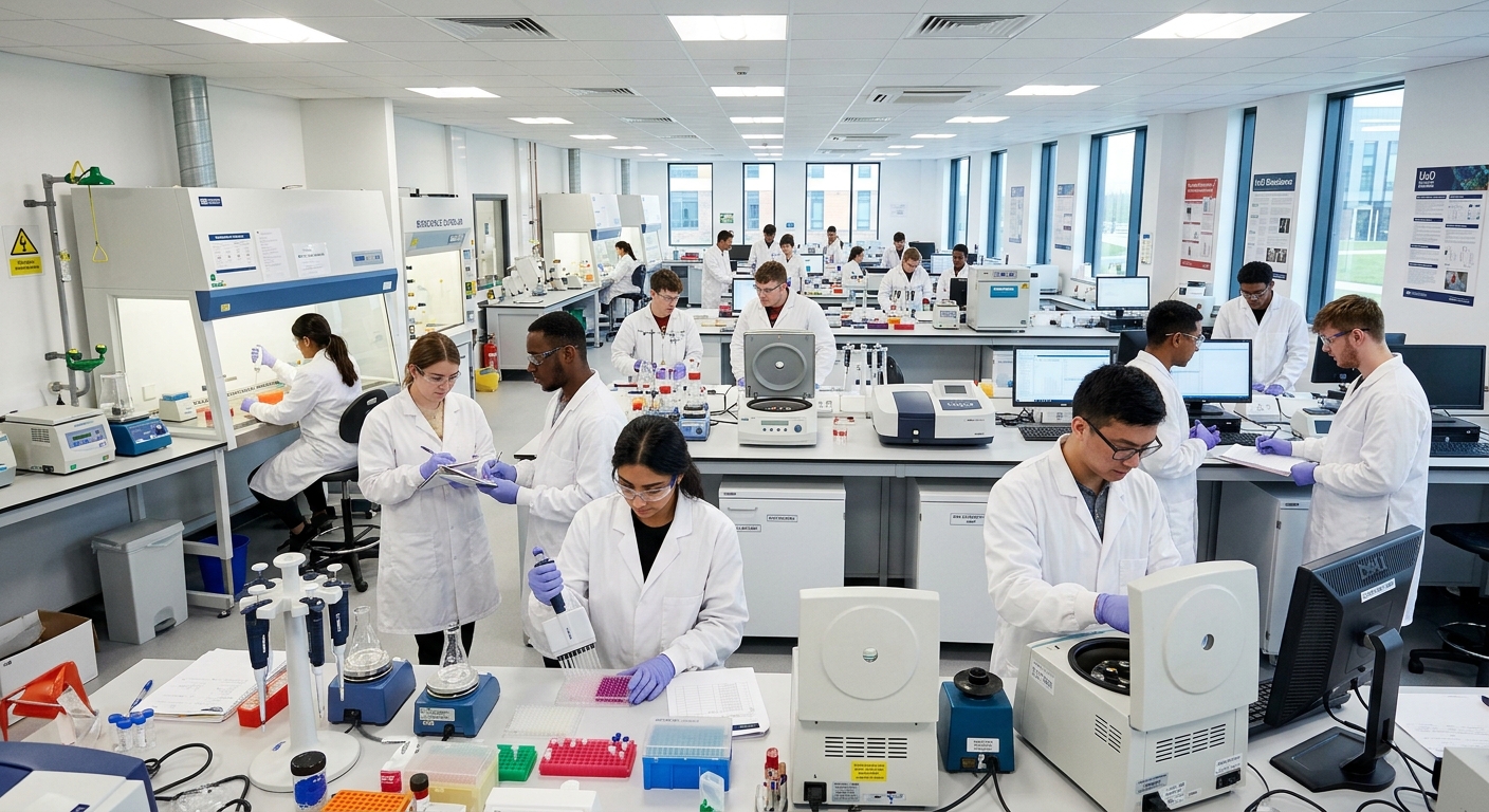 University of Derby modern science laboratory, students in lab coats working with equipment, bright fluorescent lighting, bioscience superlab environment