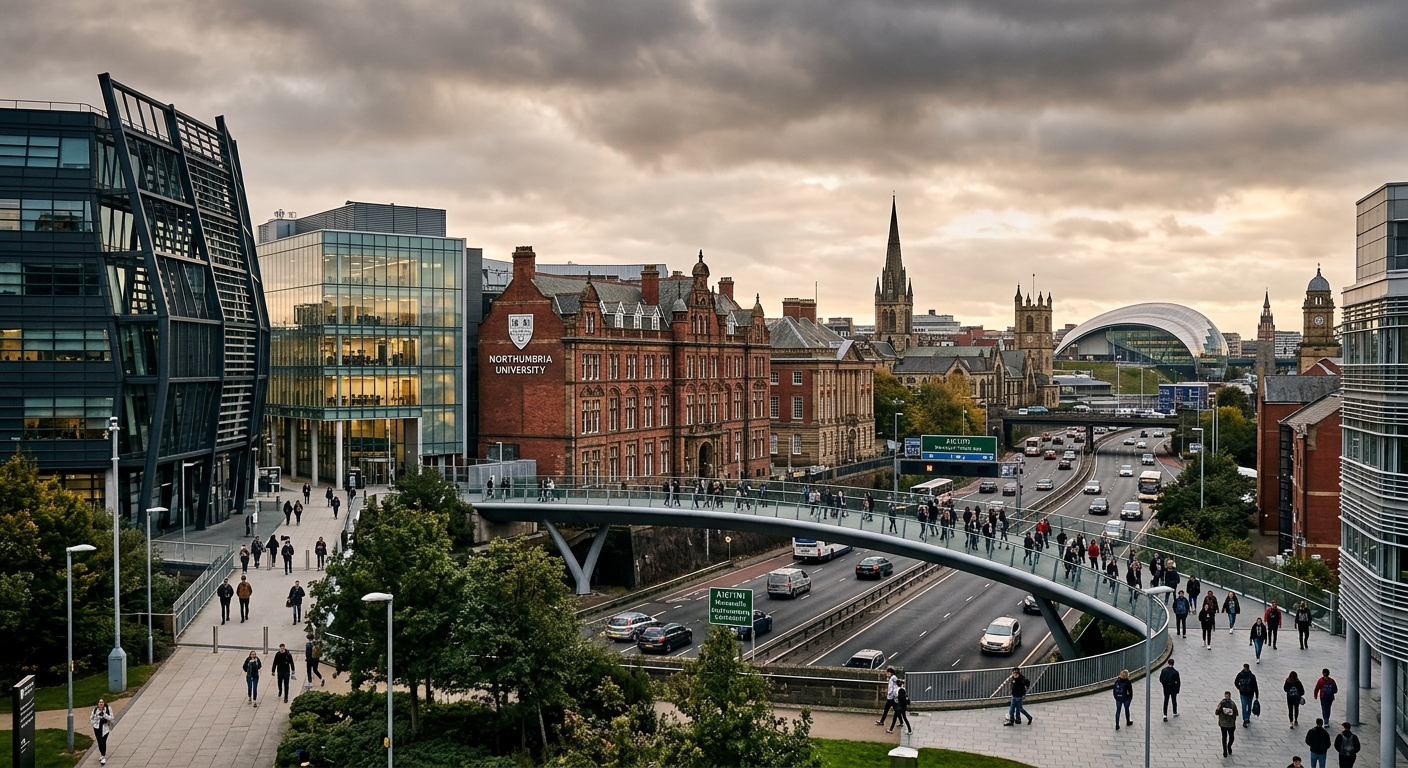 Northumbria University City Campus wide shot in Newcastle upon Tyne, modern glass and steel buildings alongside historic architecture, pedestrian bridge crossing central motorway, students walking across campus, overcast British sky with warm lighting