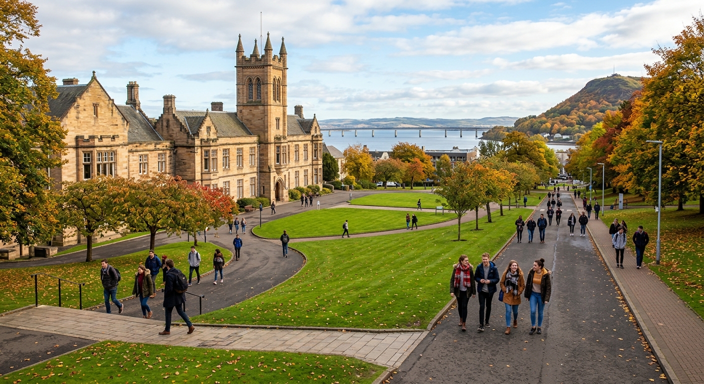 University of Dundee campus in Scotland with historic stone buildings, green lawns, and the River Tay visible in the background, students walking along tree-lined pathways on a bright autumn day