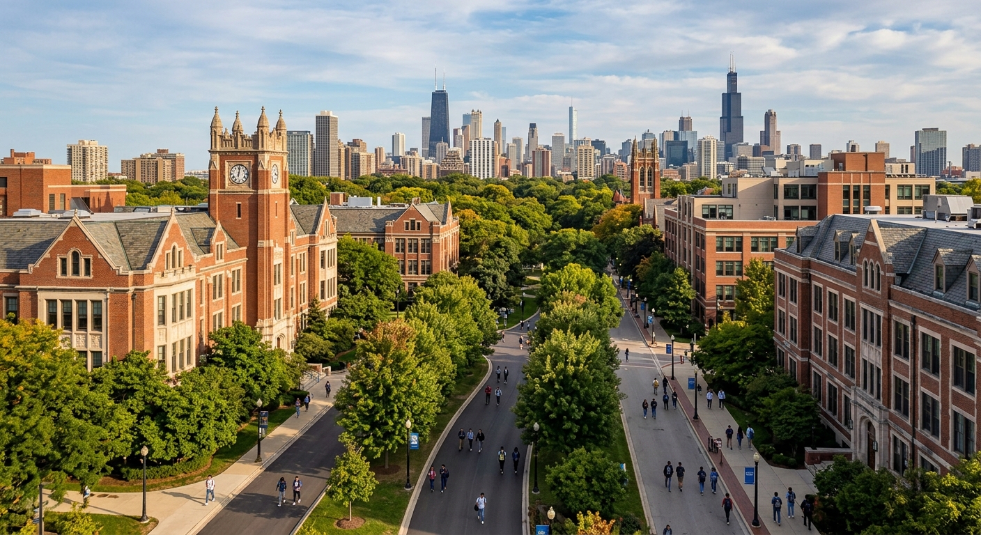 DePaul University Lincoln Park campus wide shot, red brick academic buildings surrounded by green trees, Chicago skyline visible in the background, students walking along tree-lined pathways, warm afternoon light